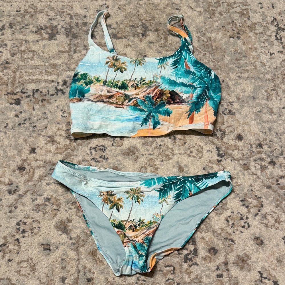 Tropical Print Two-Piece Bikini Set - Teal & Peach